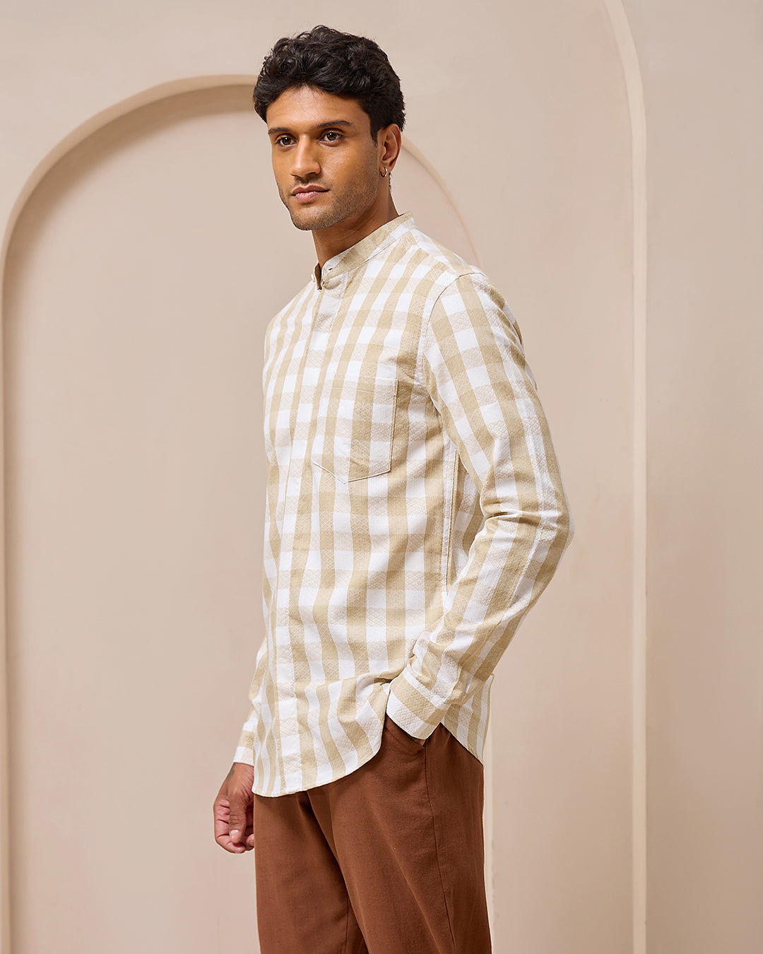 Beige Checkered -  Mandarin Shirt