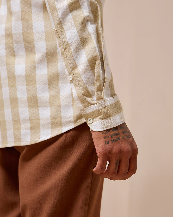 Beige Checkered -  Mandarin Shirt