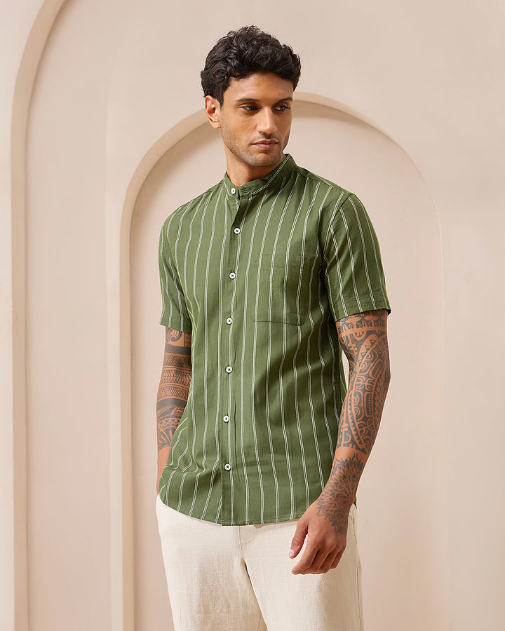 Green Striped - Mandarin Shirt