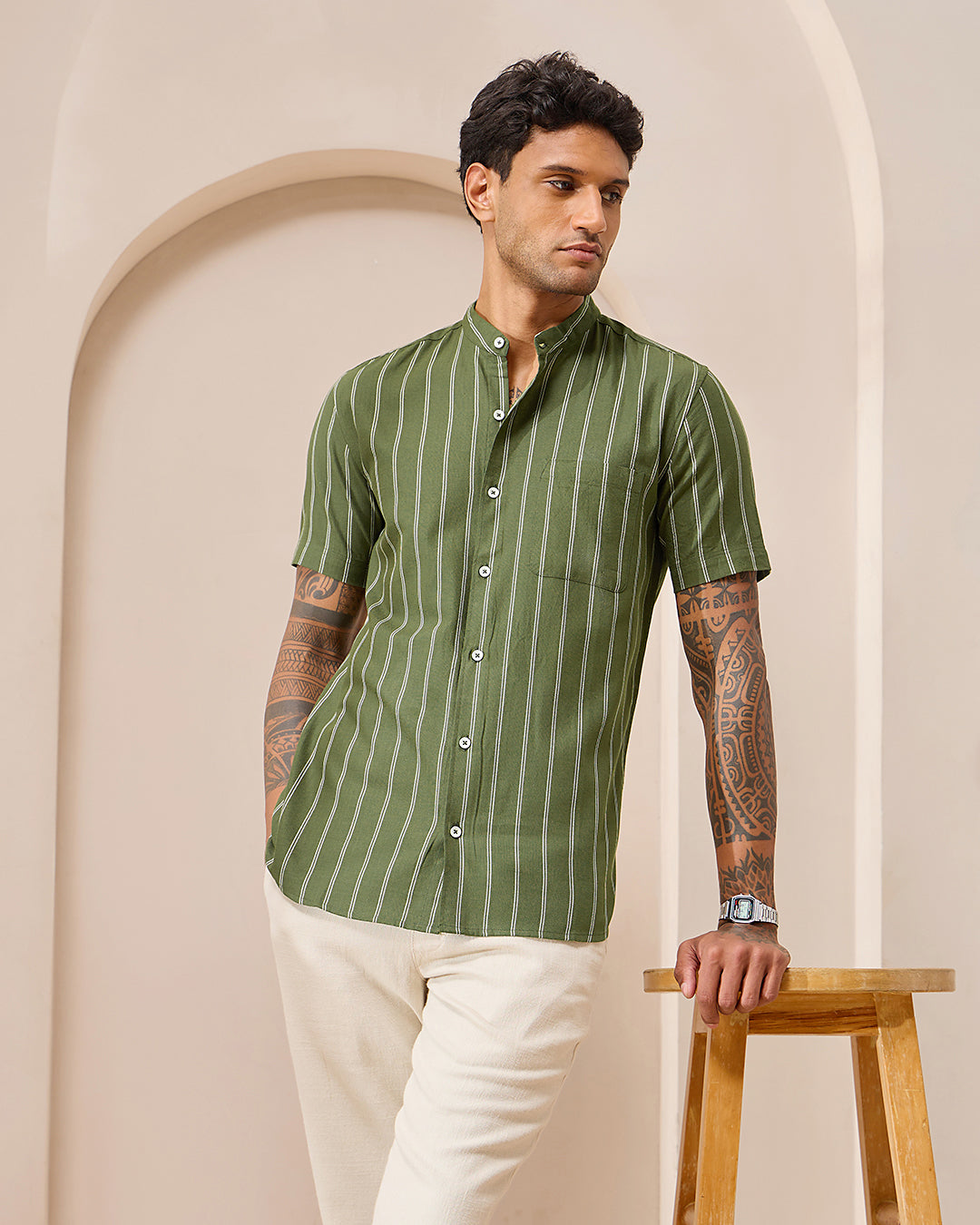 Green Striped - Mandarin Shirt