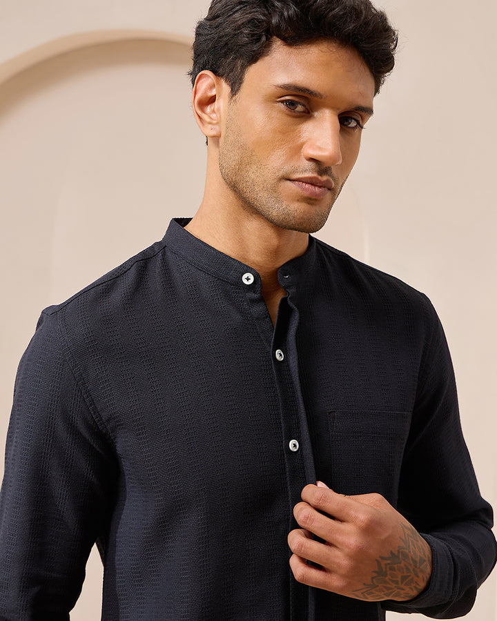 Onyx Black Textured - Mandarin Shirt