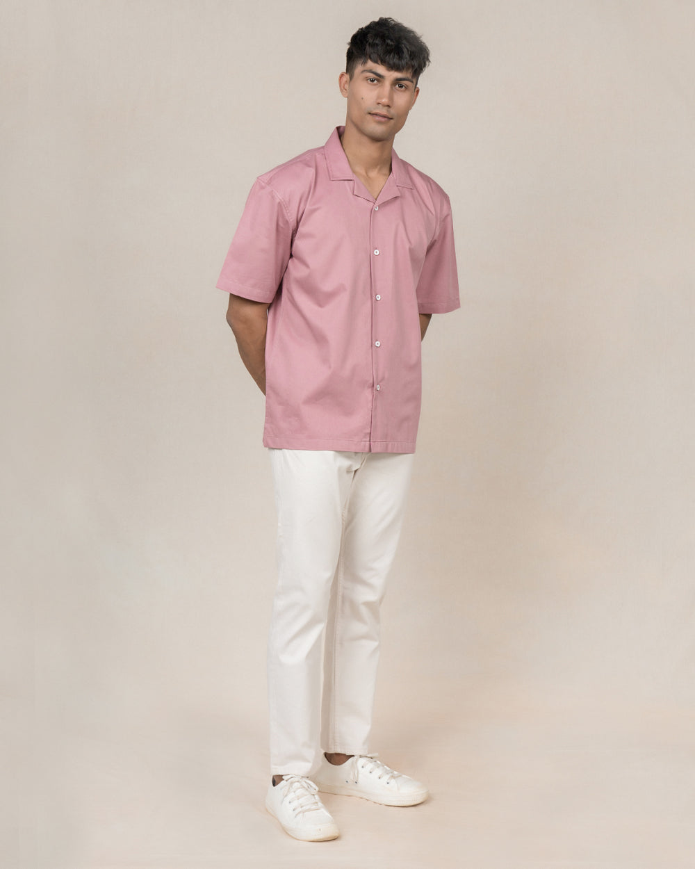 relaxed fit pink cuban collar shirt for men. Casual wear