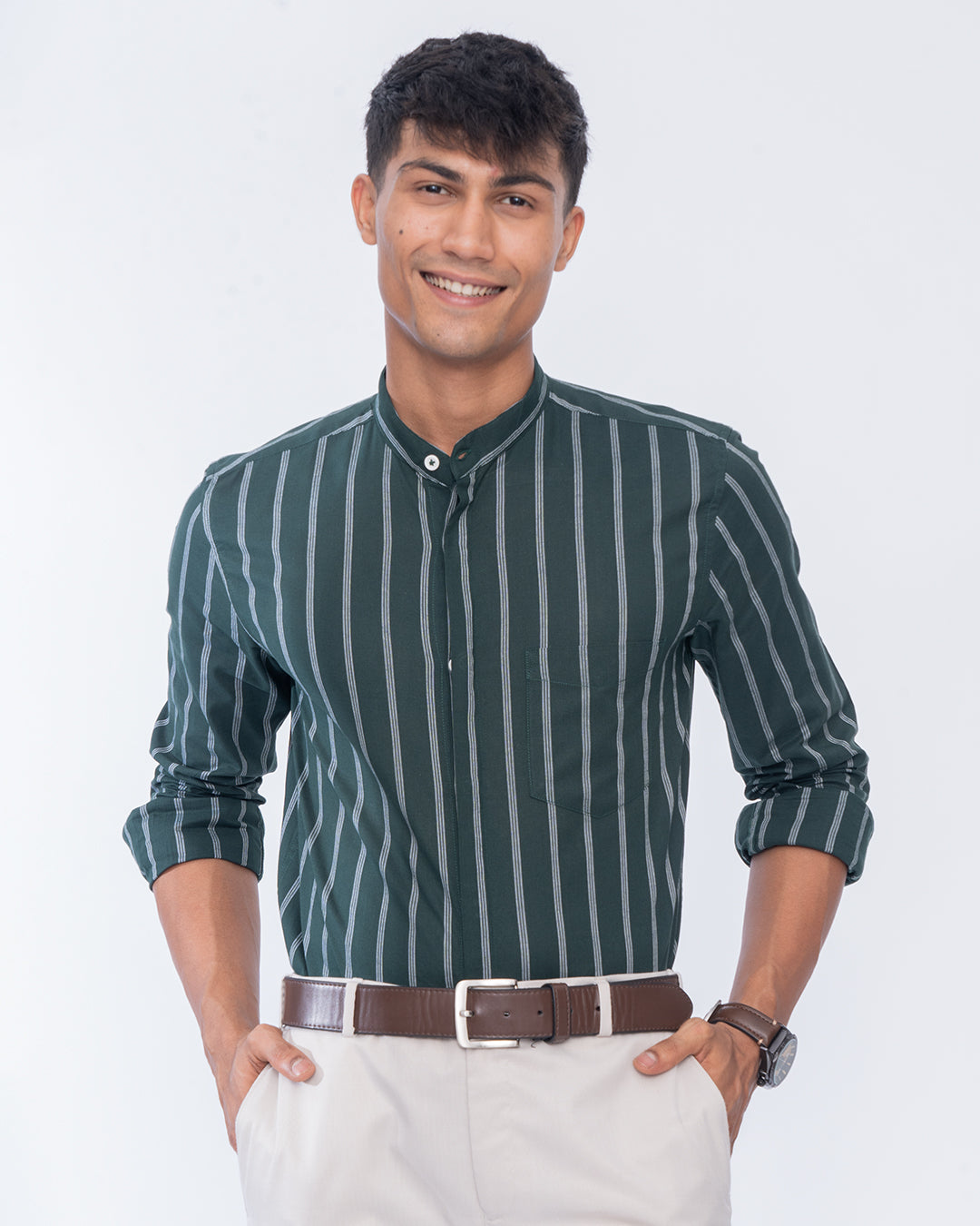 Lightweight breathable Mandarin green Collar Shirt for men, casual shirt