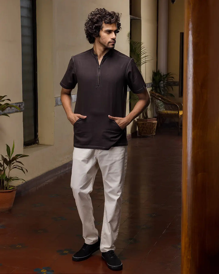 Modern stylish black zipper front shirt for men, Stylish and functional zipper front shirt for men, combining modern design with comfort